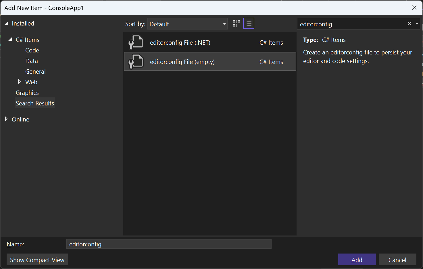 Capture d'écran montrant des modèles d'élément de fichier EditorConfig dans Visual Studio.