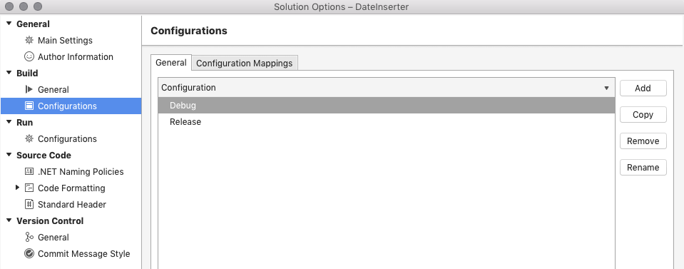 Configurations manager in solution options