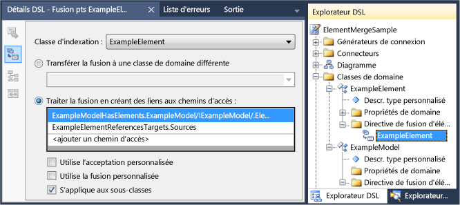 Screenshot of DSL Explorer showing an E M D being added with ExampleElement selected as the Indexing class and the Applies to subclasses option checked.