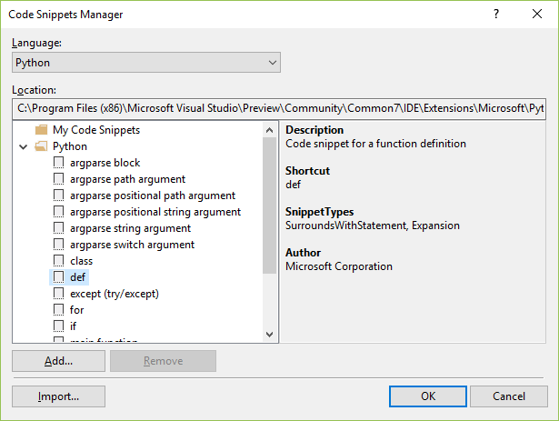 Capture d’écran montrant le Gestionnaire d’extraits de code dans Visual Studio.
