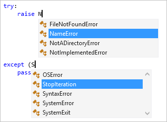 Capture d’écran montrant la saisie semi-automatique des exceptions dans l’éditeur de Visual Studio.