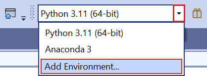 Capture d’écran montrant la commande Ajouter un environnement dans la barre d’outils Python dans Visual Studio.