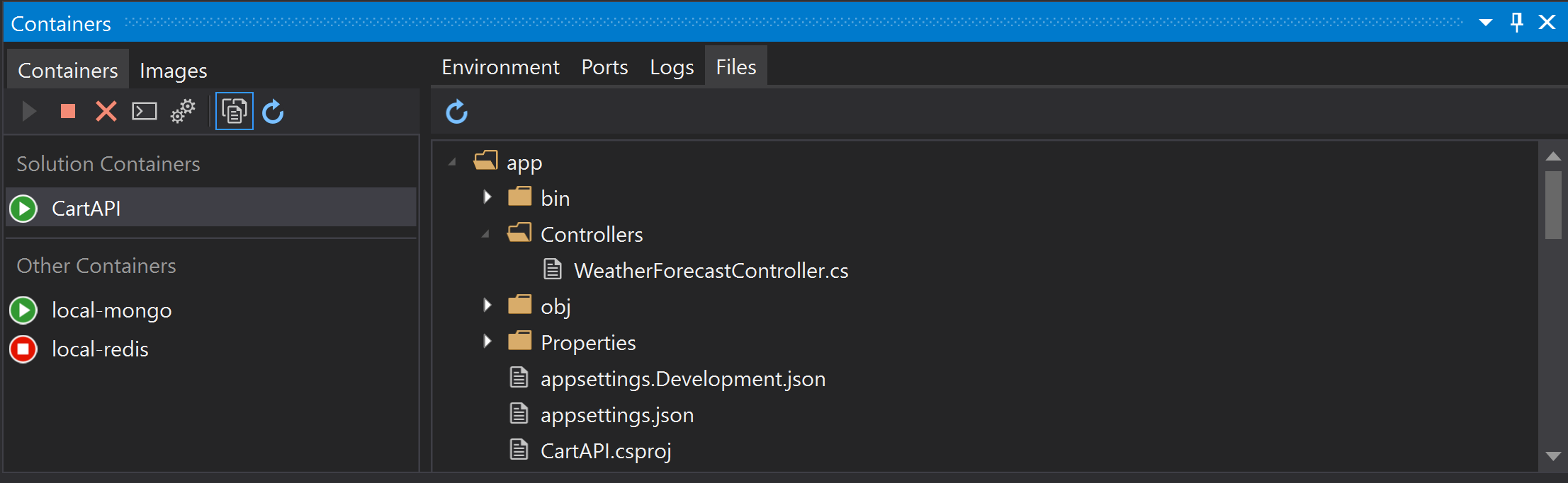 You can list, inspect, stop, start, and remove containers through the containers tool window.