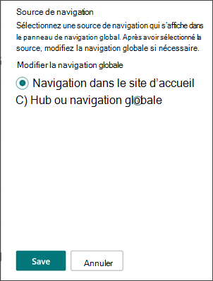 Capture d’écran de l’emplacement où sélectionner la source de navigation globale.