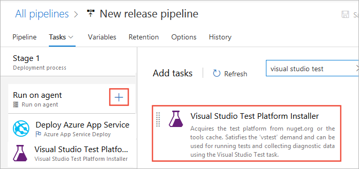 Ajout d’une tâche Visual Studio Test Platform Installer