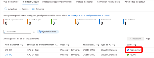 Capture d’écran de l’état de restauration d’un PC Cloud