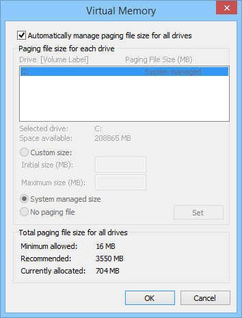 Capture d’écran de la boîte de dialogue Mémoire virtuelle dans les paramètres Windows.