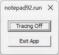 Capture d’écran de l’interface utilisateur TTD à deux petits boutons affichant des status de suivi et un bouton Quitter l’application.