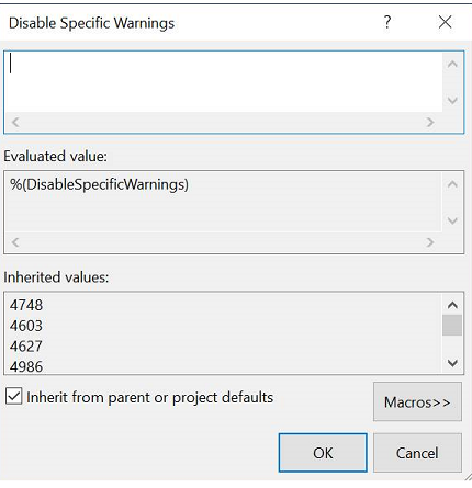 Capture d’écran de la boîte de dialogue permettant de désactiver des avertissements spécifiques dans Visual Studio 2019.