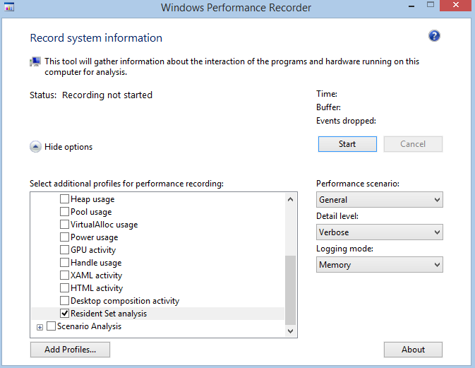 Capture d’écran de l’écran Informations système d’enregistrement de la console d’évaluation Windows montrant l’enregistrement d’état non démarré