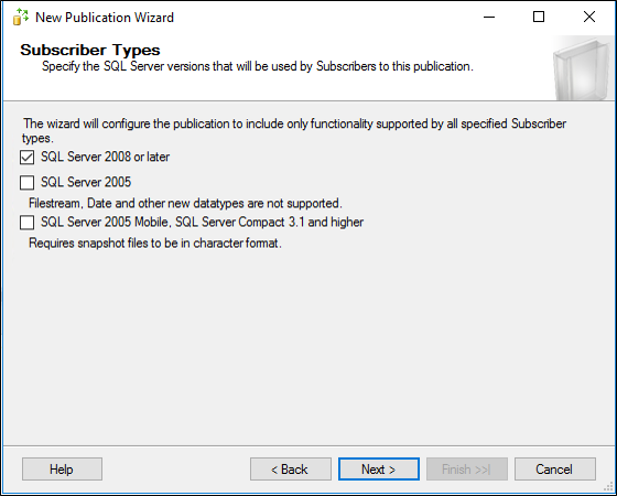 Screenshot that shows where to choose SQL Server 2008 or later.