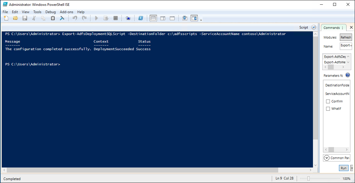 Screenshot that shows how to run the Export-AdfsDeploymentSQLScript on the primary AD FS node.