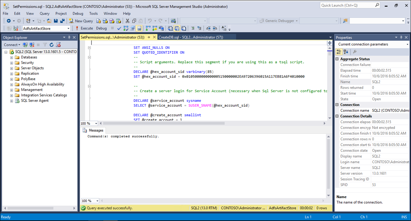 Screenshot that shows the open the SetPermissions.sql script in SQL Management Studio.