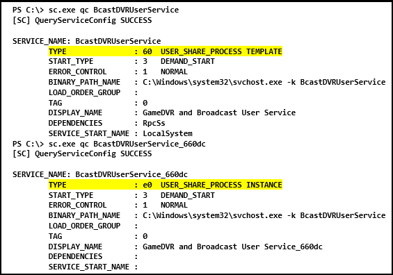 Capture d’écran d’une session de ligne de commande Windows en cours d’exécution sc.exe qc sur deux services et mettant en surbrillance les valeurs de type dans la sortie.