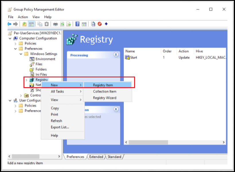Capture d’écran du Rédacteur stratégie de groupe Management mettant en surbrillance le menu contextuel sur les préférences du Registre pour créer un élément de Registre.