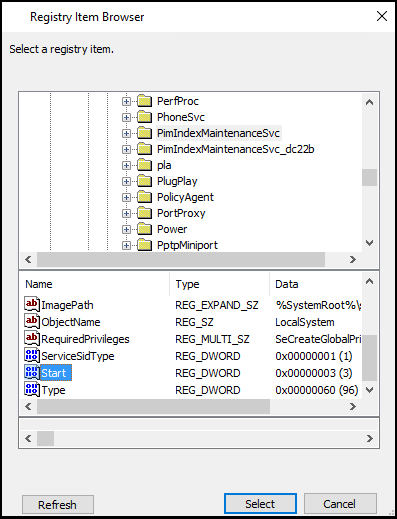 Capture d’écran de la fenêtre Explorateur d’éléments du Registre avec l’élément de Registre PimIndexMaintenanceSvc sélectionné et la valeur de démarrage sélectionnée.