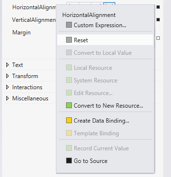Option de menu Réinitialiser de la propriété Visual Studio