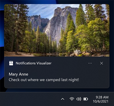 Capture d’écran d’une notification d’application montrant l’emplacement de l’image principale, au-dessus de la zone d’attribution.
