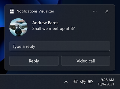 Capture d’écran d’une notification d’application présentant une ligne de texte, une zone de texte et une rangée de deux boutons intitulés « Répondre » et « Appel vidéo ».
