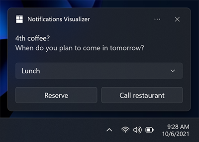 Capture d’écran d’une notification d’application montrant une ligne de texte, une entrée de sélection avec « Déjeuner » comme élément sélectionné, et une ligne avec deux boutons étiquetés « Réserver » et « Appeler le restaurant ».