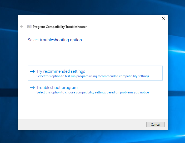 Screenshot of the Troubleshoot compatibility options.