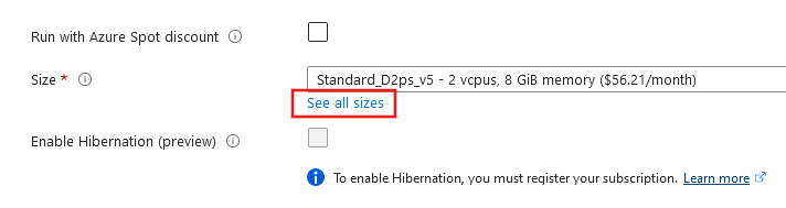 Screenshot of the Image Details size section where you select a machine size.