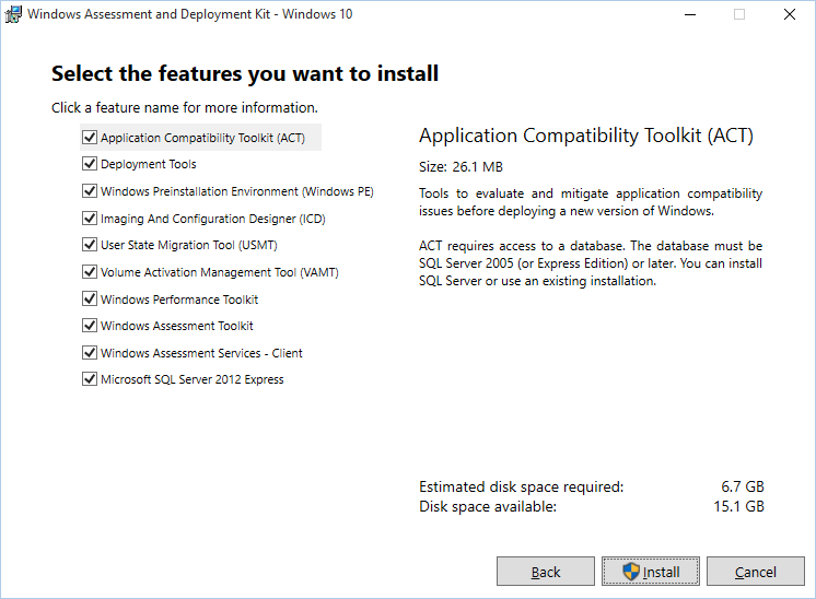 Page de sélection des fonctionnalités ADK Windows 10.