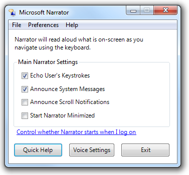 capture d’écran de la boîte de dialogue « Microsoft Narrateur » 