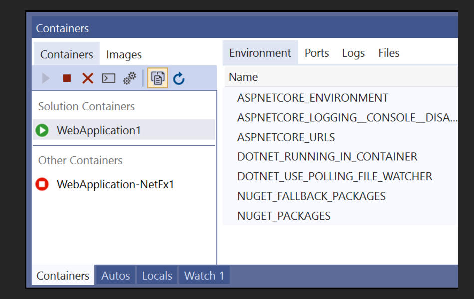 Visual Studio Docker menu