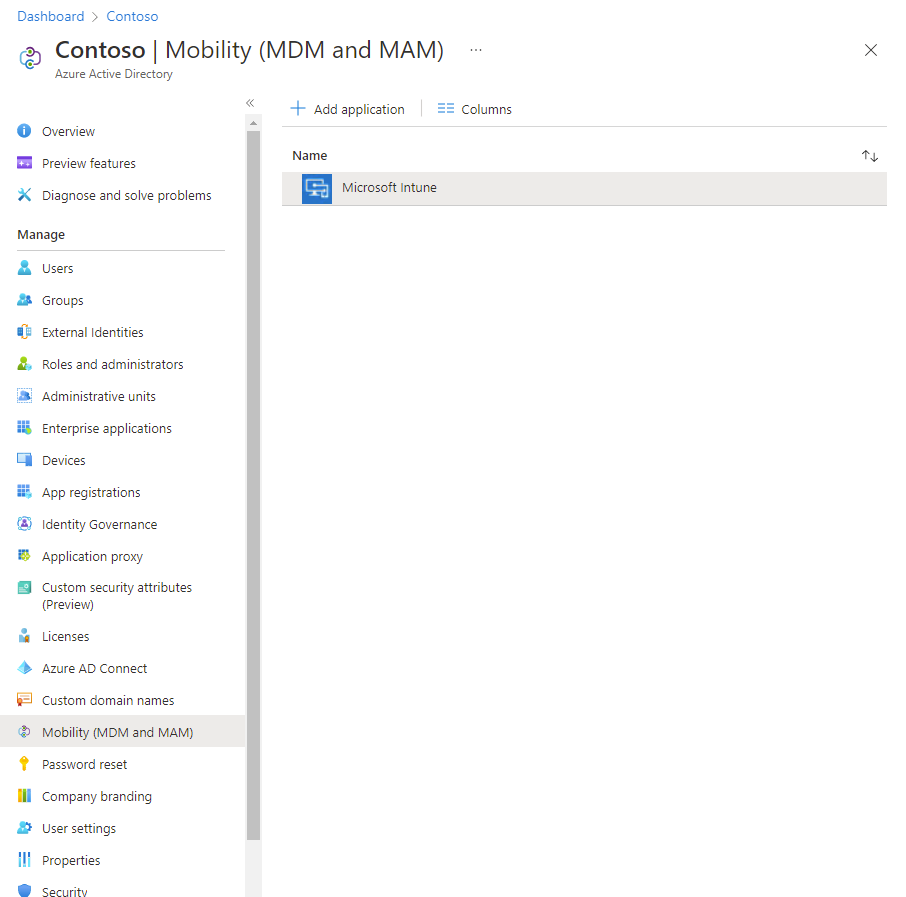 Sélectionnez Mobilité (GPM et GAM) et Microsoft Intune dans le portail Azure Active Directory.