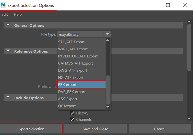 Exemple : emplacement du menu options d’exportation
