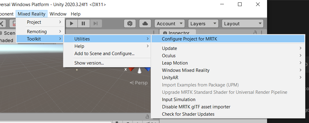 Screenshot of the menu bar command for opening the MRTK Configurator.