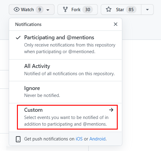 Capture d’écran du menu Notifications GitHub affiché et de l’option de menu Personnalisé sélectionnée.