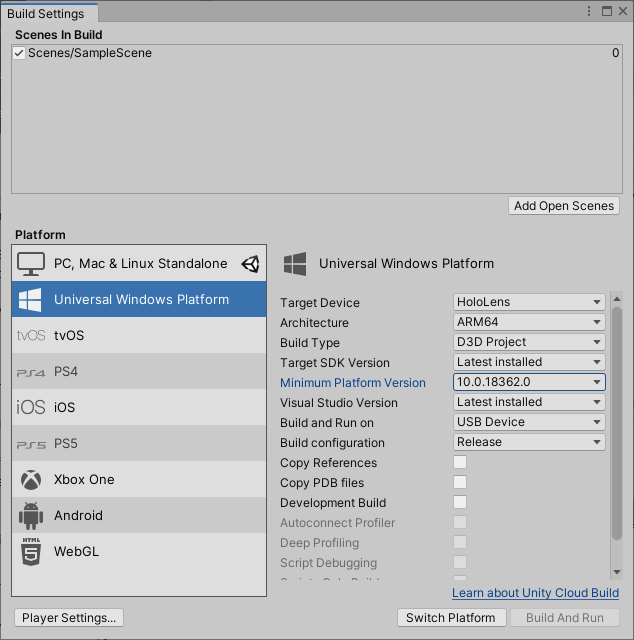 Capture d’écran de la fenêtre Paramètres de build ouverte dans l’éditeur unity avec plateforme Windows universelle en surbrillance