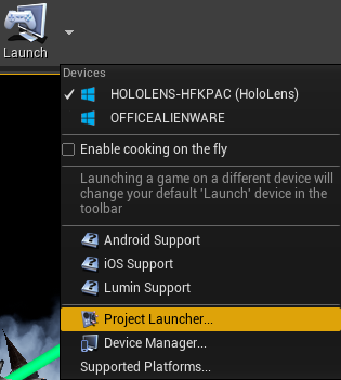 Capture d’écran des options de lancement avec le lanceur de projet mis en surbrillance