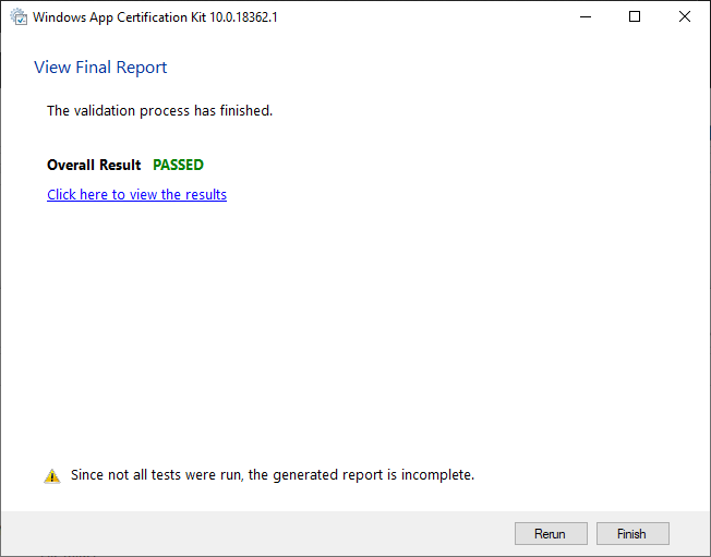 Capture d’écran des résultats du rapport final dans le kit de certification des applications Windows
