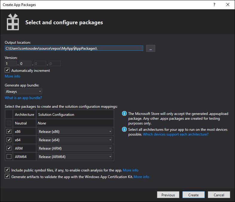 Create App Packages window with package configuration shown