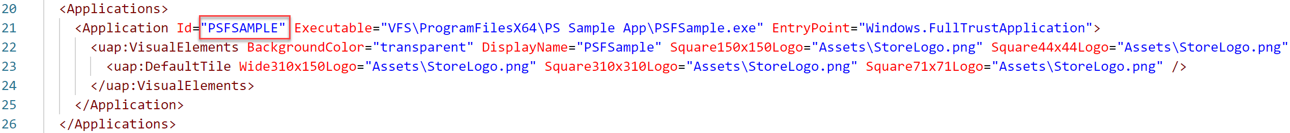 Image showing the location of the ID within the AppxManifest file.