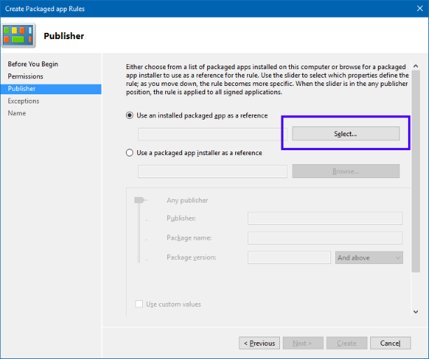 Capture d’écran de la case d’option « Utiliser une application de package installée comme référence » sélectionnée et le bouton Sélectionner mis en évidence