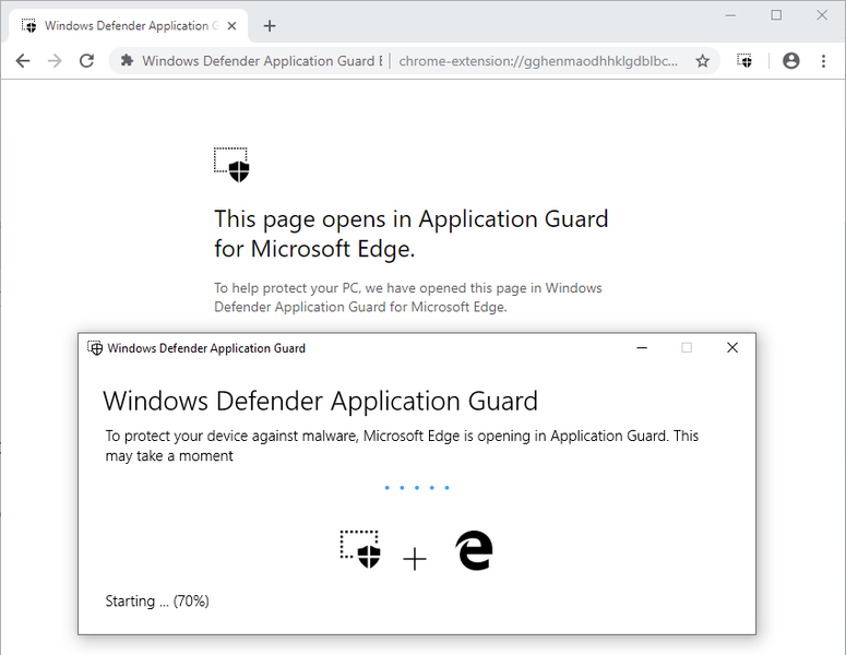 Un site web d’entreprise est redirigé vers un conteneur Protection d'application : le texte affiché explique que la page est ouverte dans Protection d'application pour Microsoft Edge.