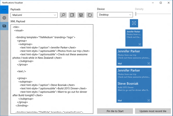 Capture d’écran de l’éditeur d’application Notifications Visualizer avec le code et les vignettes