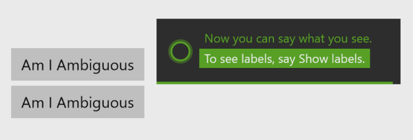 Capture d’écran du mode d’écoute active avec l’option « Maintenant, tu peux dire ce que tu vois » affichée et aucune étiquette sur les boutons.