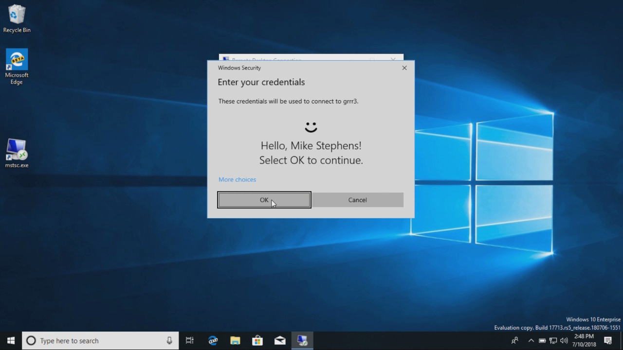 Enter your credentials for Windows Hello.
