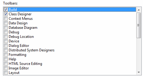 Capture d’écran de la liste barres d’outils case activée zone