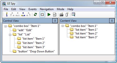 capture d’écran de l’application UISpy avec affichages de contrôle et de contenu des éléments de zone de liste déroulante