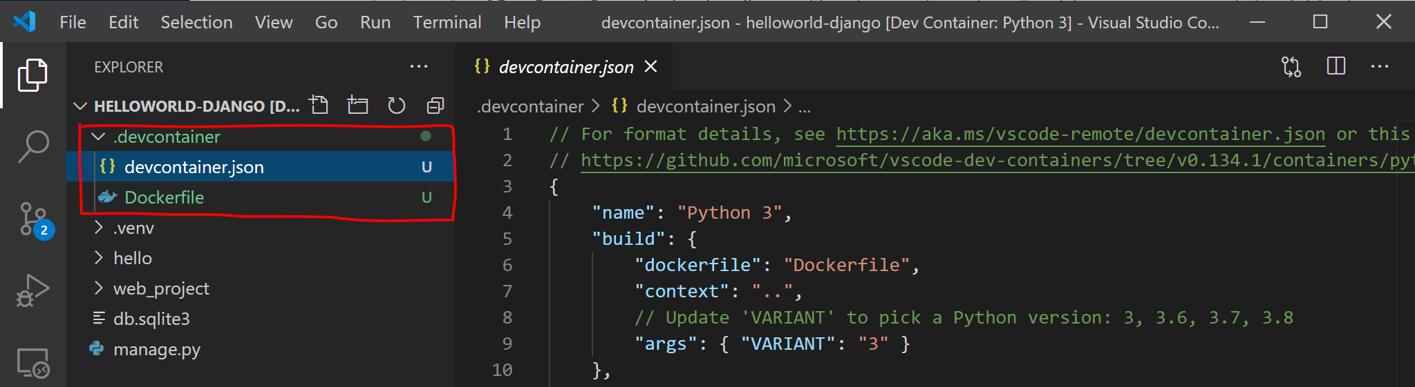 Dossier .devcontainer dans VS Code