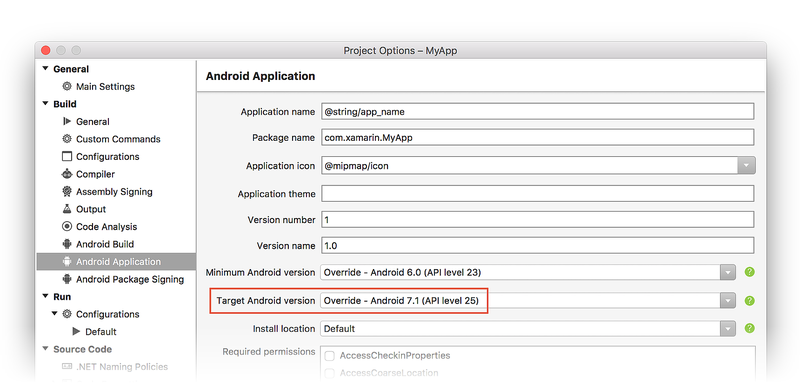Target Android version set to Automatic - use target framework version