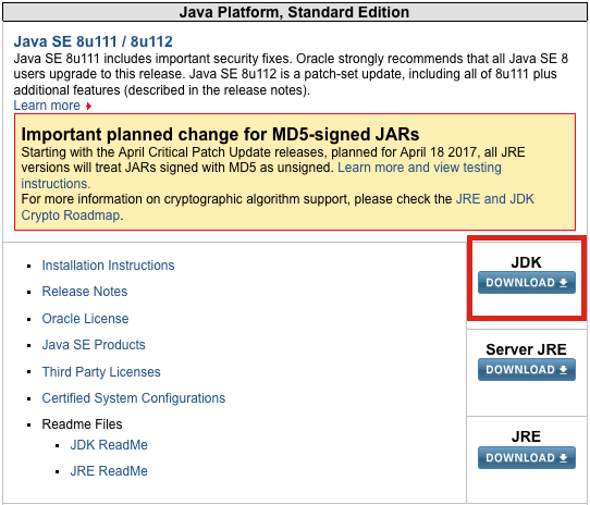 Capture d’écran de la page de téléchargement du JDK sur le site web Oracle