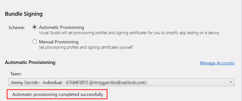 Capture d’écran de la page de signature du bundle mettant en évidence le message « Approvisionnement automatique terminé avec succès ».