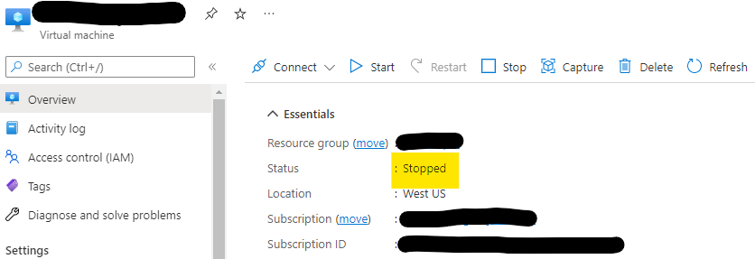 Screenshot showing the VM status turns to stopped